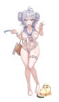 1girl absurdres alternate_breast_size_(larger) antenna_hair azur_lane baby_animal bag bird blue_eyes blush bracelet breasts chick cleavage collarbone commentary covered_navel double-parted_bangs double_bun eyewear_on_head food fruit full_body grey_hair grin hair_between_eyes hair_bun hair_ornament hairclip hampo1219 highres holding holding_bag holding_food holding_popsicle jade_(a_lick_of_summer)_(azur_lane) jade_(azur_lane) jewelry large_breasts manjuu_(azur_lane) mole mole_under_eye neckerchief official_alternate_costume one-piece_swimsuit pearl_bracelet popsicle simple_background sitting smile solo standing sunglasses swimsuit thigh_strap v watermelon white_background white_neckerchief white_one-piece_swimsuit 