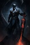  1boy armor artist_name black_background black_gloves closed_mouth dark_souls_(series) dark_souls_iii facing_viewer gloves grey_background highres holding holding_sword holding_weapon long_hair lorian_(elder_prince) planted planted_sword shoulder_armor signature solo standing sword teradiam weapon white_hair 