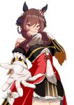  1girl absurdres animal_ears at07221477 bare_shoulders blush braid braided_hair_rings breasts brown_hair chinese_commentary collarbone commentary_request corset detached_sleeves dress ear_covers ear_ornament gentildonna_(regina_dei_fiori)_(umamusume) gentildonna_(umamusume) gloves hair_between_eyes hair_ornament hair_rings heart-shaped_ornament heart_ear_ornament highres horse_ears horse_girl large_breasts long_hair looking_at_viewer mixed-language_commentary open_mouth reaching reaching_towards_viewer red_corset red_eyes see-through_cleavage see-through_clothes smile solo umamusume white_gloves 