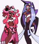  2girls armband bare_shoulders black_gloves black_pants black_sclera black_sleeves blue_eyeshadow bracelet breasts butterfly_hat_ornament cleavage colored_sclera dark-skinned_female dark_skin earrings eyeshadow facial_mark finger_to_own_chin fingerless_gloves gloves hat hat_ornament highres hoop_earrings humanization jewelry knightmar3s leg_tattoo loincloth long_hair long_sidelocks long_sleeves looking_at_viewer makeup medium_breasts midriff multicolored_eyes multiple_girls narrow_waist navel pants pink_eyeshadow pink_hair pink_hat pokemon purple_sleeves sidelocks simple_background strapless tapu_fini tapu_lele tattoo tube_top two-sided_fabric two-sided_sleeves very_long_hair white_background white_tube_top wide_hips wide_sleeves 