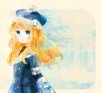  1girl armor blonde_hair blue_coat blue_eyes blue_hat border buttons character_hat_ornament coat commentary_request from_side fur-trimmed_coat fur-trimmed_headwear fur_trim gunner_(sekaiju) gunner_2_(sekaiju) hat jack_frost_(megami_tensei) long_hair looking_at_viewer mado-md outside_border parted_lips pom_pom_(clothes) sekaiju_no_meikyuu sekaiju_no_meikyuu_2 sidelocks snow solo tree turning_head white_border 