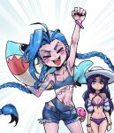  2girls :d arm_up bangs bare_shoulders bikini black_hair blue_hair blue_shorts blush bracelet braid caitlyn_(league_of_legends) clenched_hand closed_eyes closed_mouth collarbone cowboy_shot holding jewelry jinx_(league_of_legends) league_of_legends long_hair multiple_girls navel o-ring o-ring_bikini pale_skin phantom_ix_row purple_bikini shiny shiny_hair shorts smile stomach sweatdrop swimsuit teeth twin_braids upper_teeth very_long_hair white_headwear 