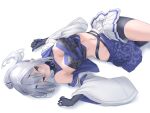  1girl blue_eyes breasts cleavage closed_mouth din_(flypaper) earrings foxxiontech_(pso2) hair_spread_out jewelry looking_at_viewer lying medium_breasts midriff multicolored_hair navel on_back phantasy_star phantasy_star_online_2 phantasy_star_online_2_new_genesis pleated_skirt ponytail purple_skirt purple_trim simple_background skirt solo streaked_hair twisted_torso two-tone_skirt white_background white_hair white_skirt wide_sleeves 