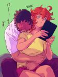  1boy 1girl ahoge arms_around_another's_waist blue_eyes breasts brown_hair commentary_request couple green_background guel_jeturk gundam gundam_suisei_no_majo hair_between_eyes head_on_another's_shoulder hetero holding holding_tablet_pc hug hug_from_behind ivy_hermit medium_breasts medium_hair multicolored_hair pants pink_hair red_hair red_shorts shirt short_hair shorts sitting suletta_mercury tablet_pc thick_eyebrows two-tone_hair upper_body white_shirt yellow_shirt 