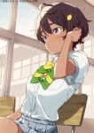  1girl absurdres adjusting_hair ahoge black_hair blush bow bowtie chair classroom collared_shirt copyright_notice food-themed_hair_ornament green_bow green_bowtie grey_skirt hair_ornament hand_on_own_ear highres imigimuru indoors lemon_hair_ornament make_heroine_ga_oo_sugiru! miniskirt official_art on_chair pleated_skirt school_chair school_uniform second-party_source shirt short_hair short_sleeves sitting skirt solo summer_uniform tsuwabuki_high_school_uniform white_shirt window yakishio_lemon yellow_bow yellow_bowtie 