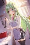  1girl alternate_costume apron black_skirt black_thighhighs blue_eyes blush bow bowtie breasts closed_mouth collared_shirt commentary_request contemporary cooking_pot flower flower_request frog_hair_ornament green_hair hair_ornament hair_tubes holding holding_ladle indoors kitchen kochiya_sanae ladle long_hair long_sleeves looking_at_viewer loose_bowtie medium_breasts miyase_mahiro pink_bow pink_bowtie plaid_clothes plaid_skirt plant pleated_skirt potted_plant purple_apron purple_flower shirt single_hair_tube skindentation skirt smile snake_hair_ornament solo spatula thighhighs touhou very_long_hair white_shirt 