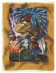  1990s_(style) 2boys arm_up armor black_eyes blue_eyes blue_hair blue_shoes blue_tunic border bracer brown_eyes cape circlet cross_scar dragon dragon_tairiku_koubouki evil_grin evil_smile furusawa_jun'ya green_armor green_tabard grin hair_over_shoulder headband highres holding holding_staff long_hair looking_up male_focus marker_(medium) multiple_boys official_art orb pauldrons profile projected_inset purple_sash purple_shirt red_headband reigas retro_artstyle sash scar scar_on_cheek scar_on_face scott_(dragon_tairiku_koubouki) shirt shoes shoulder_armor skull smile spiked_hair spiked_pauldrons spikes staff standing sun tabard third-party_source traditional_media tunic white_border white_cape 