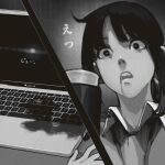  1girl black_border border bright_pupils collared_shirt commentary computer cup douki-chan_(douki-chan) eyelashes ganbare_douki-chan grey_background greyscale highres jun_(navigavi) laptop lips looking_at_viewer looking_down medium_hair monochrome nose open_mouth ponytail pouring pov saliva shirt short_ponytail sidelocks solo table teeth translation_request upper_teeth_only wing_collar 