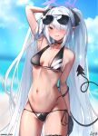  1girl aekun_cben arm_up armpits bare_shoulders beach bikini black_bikini black_choker black_gloves black_ribbon blue_archive blue_sky blurry blurry_background blush breasts choker clenched_teeth cloud collarbone dark-skinned_female dark_skin day demon_tail eyewear_on_head gloves grey_hair groin hair_ribbon halo highres iori_(blue_archive) iori_(swimsuit)_(blue_archive) long_hair looking_at_viewer navel nose_blush ocean outdoors pendant_choker red_eyes ribbon side-tie_bikini_bottom skindentation sky small_breasts solo stomach sunglasses swimsuit tail teeth thigh_strap twintails very_long_hair wet 