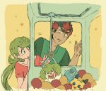  1boy 1girl against_glass alternate_costume black_hair camera character_doll commentary_request crane_game doll green_eyes green_hair hand_on_glass kiawe_(pokemon) light_blush mallow_(pokemon) mameta_(mmtp_k10) multicolored_hair pikachu pokemon pokemon_sun_and_moon red_hair star_(symbol) steenee two-tone_hair yellow_background 