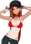 1girl adjusting_clothes adjusting_headwear baseball_cap bikini bikini_top_only black_choker black_eyes black_hat bracelet breasts choker collarbone commentary_request cowboy_shot earrings freckles gravity_falls green_nails hat highres jewelry long_hair looking_at_viewer n_k_m navel one-piece_tan orange_hair pants parted_lips red_bikini simple_background solo swimsuit tanlines wendy_corduroy white_background 