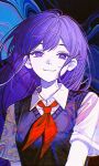  1girl bright_pupils closed_mouth collared_shirt commentary_request double-parted_bangs hair_behind_ear hair_between_eyes highres long_hair looking_at_viewer mari_(headspace)_(omori) mari_(omori) neckerchief omori purple_eyes purple_hair purple_sweater_vest red_neckerchief romaji_commentary shirt short_sleeves sirium924 smile solo sweater_vest upper_body white_pupils white_shirt 
