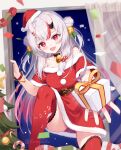  1girl :d bare_shoulders bell belt black_belt blush breasts center-flap_bangs choker christmas christmas_tree commentary_request confetti double_bun dress fang fur-trimmed_dress fur_buttons fur_trim gift gradient_hair grey_hair hair_bell hair_between_horns hair_bun hair_ornament hat highres holding holding_gift hololive hololive_christmas_outfit horns incoming_gift indoors jingle_bell keesuke_(kkosyoku) long_hair looking_at_viewer medium_breasts mini_hat mini_santa_hat multicolored_hair nakiri_ayame neck_bell off-shoulder_dress off_shoulder official_alternate_costume open_mouth red_choker red_dress red_eyes red_hair red_hat red_streaks red_thighhighs santa_costume santa_dress santa_hat short_dress short_sleeves side_up_bun skin-covered_horns skin_fang smile solo streaked_hair thighhighs through_window twitter_username two_side_up upskirt virtual_youtuber watermark 