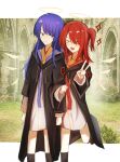  >_< 2girls :d absurdres aged_down arknights arm_hug black_cloak black_socks blue_eyes blush border cloak closed_eyes commentary_request cowboy_shot dress exusiai_(arknights) exusiai_(young)_(arknights) facing_viewer grey_dress grin halo highres kneehighs kukimaru_(pixiv49247046) long_hair long_sleeves looking_at_viewer medium_hair mostima_(arknights) multiple_girls one_side_up open_mouth outside_border photo_background purple_hair red_hair smile socks standing standing_on_one_leg tassel traditional_halo v white_border yellow_halo 