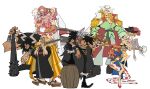  3girls 4boys absurdres aged_down barrel beard_stubble blonde_hair charlotte_linlin club_(weapon) coat coat_on_shoulders commentary crossed_legs earrings edward_newgate epaulettes eslam_aboshady facial_hair geta gloriosa_(one_piece) hand_on_own_hip hat hat_feather hat_over_one_eye highres holding holding_sword holding_weapon horns jewelry kaidou_(one_piece) kanabou kinjishi_no_shiki locked_arms long_hair looking_at_viewer multiple_boys multiple_girls mustache necktie one_piece pink_hair pink_necktie pirate_hat planted rocks_d._xebec sash simple_background size_difference snake snake_earrings stubble stussy_(one_piece) sword weapon white_background 