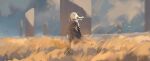  1girl absurdres belt blue_coat closed_mouth cloud coat commentary evening highres landscape long_hair looking_ahead mechanical_arms nona_(tancuetsolnce) original outdoors pillar_(landform) scenery single_mechanical_arm sky sunlight sunset wheat_field white_hair wind 