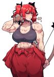  1girl abs arrow_(projectile) bow_(weapon) breasts brown_gloves commentary commission english_commentary gloves heavy_breathing highres holding holding_bow_(weapon) holding_weapon large_breasts muscular muscular_female original pants quiver red_eyes red_hair red_pants simple_background single_glove solo sweat twintails veins veiny_arms weapon white_background yukiyuki_(uki_bill4744) 