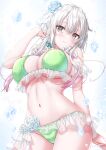  1girl alternate_costume bikini blue_flower blue_rose blush breasts cleavage commentary_request flower green_bikini grey_eyes hair_flower hair_ornament hair_ribbon highres kyariko long_hair looking_at_viewer mole mole_under_eye multicolored_hair navel original partial_commentary pink_hair ribbon rose sidelocks smile solo standing swimsuit thighs two-tone_hair underboob white_background white_flower white_hair white_rose 