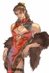  1boy absurdres all_wishes_come_true! alternate_costume artist_name bare_shoulders brown_eyes brown_hair chinese_clothes cleavage_cutout clothing_cutout cowboy_shot crossdressing crossdressing_(mtf) dress facial_hair feather_boa fishnet_thighhighs fishnets floral_print hair_bun hair_ornament half_updo highres hujhj jewelry lace lace_trim large_pectorals leaf_hair_ornament leg_tattoo long_hair looking_at_viewer male_focus mandarin_collar mustache_stubble necklace parted_lips pectoral_cleavage pectorals qipao red_dress side_slit simple_background single_hair_bun sleeveless sleeveless_dress smile solo stubble tattoo thighhighs toned toned_male watermark white_background zhongli_quan_(all_wishes_come_true!) 
