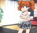  1girl blush brown_hair carpet closed_mouth collarbone commentary_request couch cowboy_shot crossed_arms curtains derivative_work grey_skirt indoors layered_skirt looking_at_viewer miniskirt miyama_reina navel nonzo_323 odaibako plant potted_plant pretty_rhythm pretty_rhythm_dear_my_future pretty_series print_shirt purple_eyes shirt short_sleeves skirt solo standing twintails undressing window 