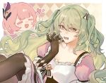  2girls black_gloves black_pantyhose breasts cleavage commentary dress elf elysia_(honkai_impact) elysia_(miss_pink_elf)_(honkai_impact) eviloped fang gloves green_hair hair_between_eyes highres honkai_(series) honkai_impact_3rd large_breasts long_hair maid mobius_(honkai_impact) mobius_(mobius_dressing)_(honkai_impact) multiple_girls official_alternate_costume open_mouth pantyhose pink_dress pink_hair pointy_ears skin_fang slit_pupils thumbs_up twintails very_long_hair 