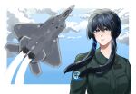  1girl absurdres ace_combat ace_combat_04 aigai0n aircraft airplane black_hair blue_eyes blue_sky braid breasts cloud cloudy_sky commentary contrail crown_braid english_commentary f-22_raptor fighter_jet flight_suit green_jumpsuit hair_between_eyes hair_tie highres isaf jumpsuit looking_at_viewer military_uniform military_vehicle mobius_1 parted_lips patch sky unit_patch 