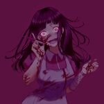  1girl absurdres bangs blood blood_on_clothes blood_on_face blood_on_hands breasts brown_hair collared_shirt commentary cowboy_shot danganronpa_(series) danganronpa_2:_goodbye_despair dated grey_apron highres holding holding_syringe large_breasts long_hair messy_hair pink_background pink_eyes pink_shirt puffy_short_sleeves puffy_sleeves shiny shiny_hair shirt short_sleeves simple_background solo symbol-only_commentary syringe teeth tsumiki_mikan yandere yuli_(dunn2342) 