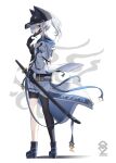 1girl animal_ear_headwear asymmetrical_legwear baseball_cap black_gloves black_hat black_mask black_shoes blue_eyes boots commentary_request din_(flypaper) earrings foxxiontech_(pso2) gloves hat high_heel_boots high_heels highres jacket jewelry katana looking_at_viewer mask mask_pull medium_hair multicolored_hair phantasy_star phantasy_star_online_2 phantasy_star_online_2_new_genesis pleated_skirt ponytail scabbard shadow sheath sheathed shoes simple_background skirt solo standing streaked_hair sword waist_cape weapon white_background white_hair white_jacket 