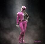  1girl bodysuit boots commentary dekapink english_commentary gloves hand_on_own_hip helmet holster numbered orange_bodysuit pink_boots pink_helmet police_badge power_rangers power_rangers_s.p.d. s.p.d._pink_ranger super_sentai tokujay tokusatsu tokusou_sentai_dekaranger twitter_username watermark white_gloves 