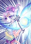  1girl absurdres bow collared_shirt commentary dirty dirty_arm dirty_face dirty_leg emphasis_lines energy_ball foreshortening froz_tsuyoken hair_bow hand_up high_ponytail highres kimi_no_koto_ga_dai_dai_dai_dai_daisuki_na_100-nin_no_kanojo light_particles magic miniskirt momi_momiji naruto_(series) no_pupils ohananomitsu_middle_school_uniform outline parted_bangs pink_bow pink_eyes pink_hair pink_skirt pleated_skirt ponytail puckered_lips rasengan school_uniform shirt sidelocks skirt solo sweater_vest torn_clothes torn_shirt torn_sweater_vest white_outline white_shirt yellow_sweater_vest 