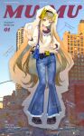  1girl absurdres alternate_costume arknights bag bell-bottoms belt black_shoes brown_hair casual chinese_commentary commentary_request cover cover_page denim elf fake_cover fake_magazine_cover fashion film_grain hair_ornament handbag highres hydrokinesis jeans laurels long_hair long_sleeves lyuqiu magazine_cover mole mole_under_eye muelsyse_(arknights) pants pointy_ears shirt shoes smile solo very_long_hair water yellow_eyes 