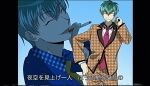  13726h 1boy ^_^ antenna_hair aqua_hair black_trim blue_background blue_jacket choppy_bangs cigarette closed_eyes closed_mouth collared_shirt contrast_collar contrast_lapels cowboy_shot facing_viewer film_grain gingham_shirt glitch gradient_background hair_between_eyes hand_on_own_hip hand_up holding houndstooth hypnosis_mic jacket lapel_pin lapels light_smile long_sleeves looking_back male_focus multicolored_hair multiple_views necktie nurude_sasara nurude_sasara_(tdd_era) open_mouth orange_jacket orange_pants orange_suit pants pillarboxed portrait red_necktie shirt short_hair smoking straight-on suit suit_jacket suit_pants translation_request very_short_hair white_shirt yellow_necktie 