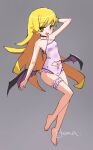  1girl :d arm_at_side bare_arms bare_legs bare_shoulders barefoot bat_cutout bat_wings belt_collar black_choker black_wings blonde_hair blush_stickers bracelet breasts casual_one-piece_swimsuit choker clothing_cutout collar commentary_request criss-cross_halter fang frilled_one-piece_swimsuit frilled_thigh_strap frills full_body grey_background hair_between_eyes hair_flaps halterneck hand_in_own_hair highres itoma_mahimahi jewelry jitome knee_blush long_hair looking_at_viewer monogatari_(series) navel navel_cutout one-piece_swimsuit open_mouth oshino_shinobu pink_one-piece_swimsuit purple_wings ringed_eyes shoulder_blush sidelocks simple_background slit_pupils small_breasts smile smug solo swimsuit thigh_strap twitter_username two-tone_wings very_long_hair wings yellow_eyes 