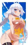  1girl ball beachball bikini blue_eyes blush braid breast_press breast_rest breasts commentary_request covered_nipples curious day from_below groin hair_between_eyes highres hip_focus holding holding_ball holding_beachball hugging_object indica kizuna_akari large_breasts long_hair looking_at_viewer looking_down medium_breasts micro_bikini orange_bikini outdoors see-through_ball side-tie_bikini_bottom single_thighhigh skin_tight skindentation solo strapless strapless_bikini swimsuit thighhighs thighs twin_braids twintails v_arms very_long_hair vocaloid voiceroid wet wet_bikini white_hair 