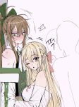  2girls 2others blonde_hair blush bow brown_eyes brown_hair closed_mouth commentary green_eyes green_ribbon green_shirt hair_bow hair_ribbon highres long_hair multiple_girls multiple_others off-shoulder_shirt off_shoulder one_eye_closed one_one_11 original parted_lips pink_background pink_bow ribbon shirt simple_background sweat sweatdrop white_shirt yuri 