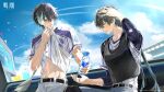  2boys absurdres arm_up baseball_uniform black_hair blue_sky bottle commentary_request day green_eyes heterochromia highres holding holding_bottle jingran_(wuthering_waves) logo looking_at_another male_focus male_rover_(wuthering_waves) multiple_boys navel official_art outdoors rover_(wuthering_waves) sky smile sportswear stomach sweat tacet_mark_(wuthering_waves) toned toned_male water_bottle wuthering_waves yellow_eyes 