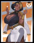  1girl absurdres black_hair black_shirt blue_nails breasts brown_eyes cleavage cleavage_cutout closed_mouth clothing_cutout dark-skinned_female dark_skin domina_(overwatch) double_finger_heart escriba finger_heart highres jacket jewelry large_breasts medium_hair multicolored_hair no_pants open_clothes open_jacket overwatch ring shirt smile solo standing white_jacket white_shirt 