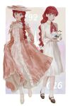  1girl absurdres black_shoes blue_eyes bowl choker collared_dress commentary_request dress fish fishbowl frilled_choker frilled_dress frills grace_(sayonara_lara) hair_over_shoulder hat highres holding holding_bowl lara_(sayonara_lara) long_dress long_hair long_sleeves multi-tied_hair pantyhose pink_dress red_hair sayonara_lara shoes socks solipsist very_long_hair white_dress white_pantyhose white_shoes white_socks 