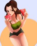  1girl absurdres bandeau black_hair blue_eyes breasts commentary coolb_art crop_top eating english_commentary eyelashes food fruit green_bandeau green_shorts green_tank_top hair_tie highres holding holding_food holding_fruit looking_to_the_side midriff navel nico_robin one_piece ponytail shorts sitting solo tank_top watermelon 