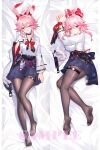  1girl absurdres animal_ears bed_sheet black_pantyhose bound bound_wrists bow bowtie chinese_knot choker commentary_request dakimakura_(medium) evanescia_(honkai:_star_rail) flower full_body hair_bow hair_flower hair_intakes hair_ornament haori highres honkai:_star_rail honkai_(series) japanese_clothes kimono kuroida lying mechanization merchandise_available multiple_views obi on_bed pantyhose pink_hair pleated_skirt rabbit_ears sash sidelocks skirt soles 