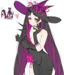  1girl absurdres asymmetrical_clothes babywipes black_dress black_hair breasts cleavage cowboy_shot dress english_commentary flower flower_trim gloves hat highres jewelry large_breasts lycoris_(re:zero) multicolored_hair official_art_inset purple_hair re:zero_kara_hajimeru_isekai_seikatsu reference_inset ring side_slit single_glove solo spider_lily tight_clothes tight_dress two-tone_hair white_background witch_hat yellow_eyes 