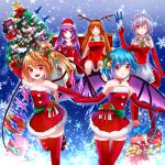  6+girls :d antlers apron arm_behind_head ascot ball bare_shoulders bat_wings bell between_fingers blonde_hair blue_bow blue_gem blue_hair book bow box cast chest_jewel choker christmas christmas_ornaments christmas_tree closed_eyes commentary_request crystal_wings deer_antlers detached_collar dress flandre_scarlet fur-trimmed_dress fur-trimmed_headwear fur_trim gem gift gift_bag gift_box green_bow grey_hair hair_bell hair_bow hair_ornament hakurei_reimu hat hat_bow highres holding holding_knife hong_meiling horns izayoi_sakuya kirisame_marisa knife knives_between_fingers long_hair maid maid_headdress medium_hair multicolored_wings multiple_girls multiple_hair_bows one_eye_closed orange_hair patchouli_knowledge pom_pom_(clothes) purple_eyes purple_hair red_bow red_dress red_eyes red_hat red_skirt red_thighhighs remilia_scarlet ribbon_choker sakizaki_saki-p santa_costume santa_dress santa_hat short_hair sitting skirt smile snowflakes teeth thighhighs touhou very_long_hair white_apron white_bow wings witch_hat yellow_ascot 