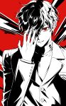  1boy amamiya_ren blazer buttons commentary greyscale_with_colored_background hearty_0125 highres jacket male_focus parted_lips persona persona_5 persona_5_the_royal red_background red_eyes shirt short_hair simple_background solo turtleneck turtleneck_shirt upper_body 