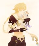  1boy 1girl absurdres aether_(genshin_impact) ahoge arm_guards baggy_pants belt blonde_hair boots braid brown_belt brown_gloves brown_pants brown_shirt carrying carrying_person clenched_hands closed_eyes closed_mouth commentary constellation_print cowboy_shot english_commentary eyelashes floating_hair full_body genshin_impact gloves gold_trim grey_hair hair_between_eyes hair_ornament halo hands_on_own_face hands_up happy highres lips long_hair long_sleeves low-braided_long_hair low-tied_long_hair mechanical_halo midriff open_mouth paimon_(genshin_impact) pants pink_halo puffy_long_sleeves puffy_sleeves purple_scarf romper scarf shirt short_hair short_sleeves simple_background single_braid single_thighhigh smile standing star_(symbol) star_hair_ornament teeth thighhighs tongue white_background white_boots white_romper white_scarf white_thighhighs yourlocalwalnut 