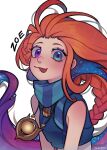  1girl absurdly_long_hair blue_eyes blue_shirt braid character_name colored_inner_hair eyelashes heterochromia highres jewelry joko_boo league_of_legends long_hair looking_at_viewer multicolored_hair necklace orange_hair purple_eyes scarf shirt simple_background striped_clothes striped_scarf tongue tongue_out very_long_hair white_background zoe_(league) 