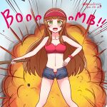  1girl bikini bikini_under_clothes blunt_bangs breasts brown_hair cleavage commentary_request cowboy_shot denim denim_shorts explosion explosion_background green_eyes hat helena_(kancolle) helena_(swimsuit)_(kancolle) kamen_rider kamen_rider_black_rx kamen_rider_black_rx_(series) kantai_collection long_hair looking_at_viewer medium_breasts mitchell_(dynxcb25) red_bikini red_hat shorts swimsuit very_long_hair visor_cap 