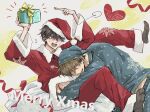  2boys azumaya_junta black_hair black_socks brown_hair christmas closed_eyes commentary_request copyright_name couple dakaretai_otoko_1-i_ni_odosarete_imasu. dated fur-trimmed_headwear fur_trim gift hat heart highres hsg_(pm400) hug jewelry long_sleeves looking_at_another male_focus merry_christmas midriff_peek multiple_boys official_art open_mouth ring saijou_takato santa_costume santa_hat scolding smile socks sweatdrop yaoi 