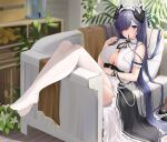  1girl apron arm_garter august_von_parseval_(azur_lane) august_von_parseval_(the_conquered_unhulde)_(azur_lane) azur_lane blush breasts cleavage cleavage_cutout clothing_cutout couch day dragon_girl dragon_horns dress frilled_dress frilled_garter frills full_body garter_straps hair_over_one_eye hairband highres horns indoors lace-trimmed_legwear lace_trim large_breasts legs long_hair looking_at_viewer maid maid_apron maid_headdress mouth_hold no_shoes official_alternate_costume plant purple_eyes purple_hair qing_wu ribbon ribbon_in_mouth sitting sleeveless sleeveless_dress solo thighhighs very_long_hair white_dress white_garter white_hairband white_thighhighs 