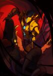 1boy absurdres armor calamity_(terraria_mod) commentary_request extra_eyes helmet highres jungle_dragon_yharon momodzmz monster open_mouth shoulder_armor tagme terraria tongue yellow_armor yellow_eyes yharim 