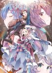  2boys 6+girls anastasia_hoshin arm_up beatrice_(re:zero) black_hair blonde_hair blue_hair breasts butterfly-shaped_pupils commentary_request crown detached_sleeves drill_hair emilia_(re:zero) flower foreshortening fur_hat hair_ornament hair_ribbon hat highres holding holding_sword holding_weapon hug ice julius_juukulius kirukesariku long_hair looking_at_viewer maid maid_headdress mini_crown multiple_boys multiple_girls natsuki_subaru open_hand open_mouth orange_scarf outstretched_arm outstretched_hand pantyhose papakha pink_hair purple_hair ram_(re:zero) re:zero_kara_hajimeru_isekai_seikatsu reaching reaching_towards_viewer rem_(re:zero) ribbon roswaal_mansion_maid_uniform scarf short_hair siblings sisters star_(symbol) star_hair_ornament striped_clothes striped_pantyhose sword symbol-shaped_pupils twin_drills twins v-shaped_eyebrows weapon white_hat x_hair_ornament 